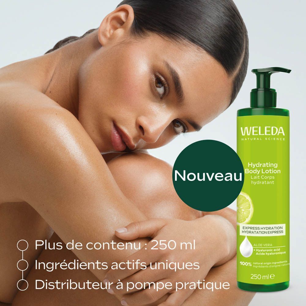 Femme avec un flacon de Lait Corps Hydratant Weleda, "Nouveau" mis en avant.
