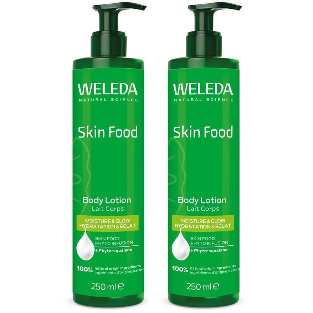 Twee groene pompflesjes Weleda Skin Food Body Lotion, elk 250 ml.