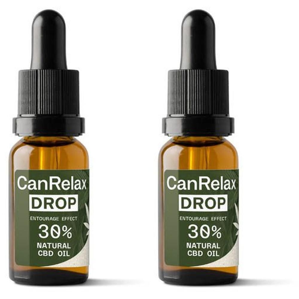 Deux flacons d'huile CBD CanRelax 30% avec compte-gouttes.
