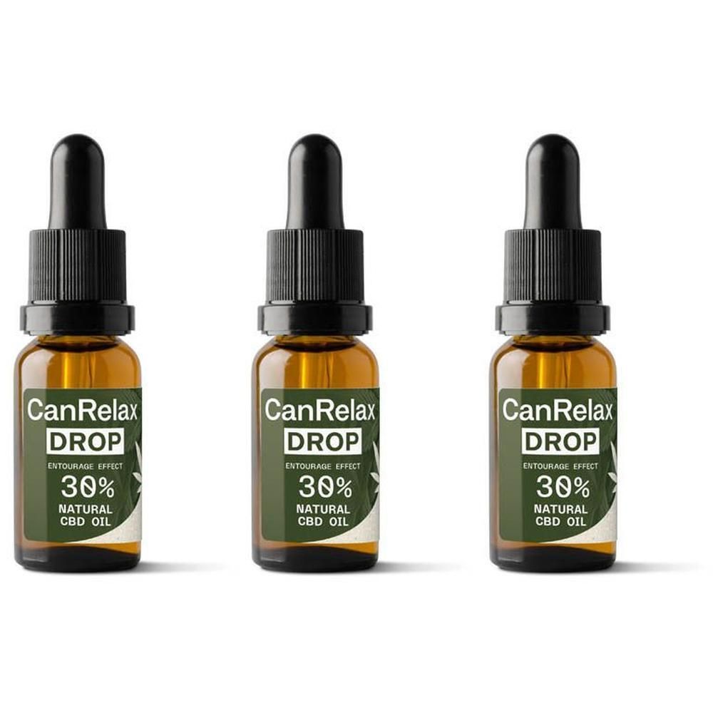 Drie flesjes CanRelax Drop CBD Olie 30%. Bruine glazen flesjes met druppelaar.