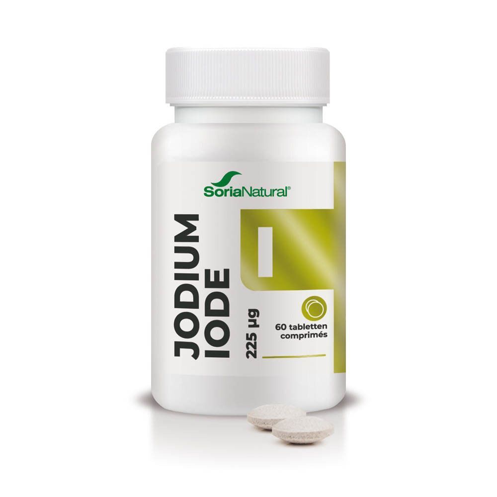 Flacon de Soria Natural Iodure 225 mcg avec deux comprimés à côté, 60 comprimés au total.