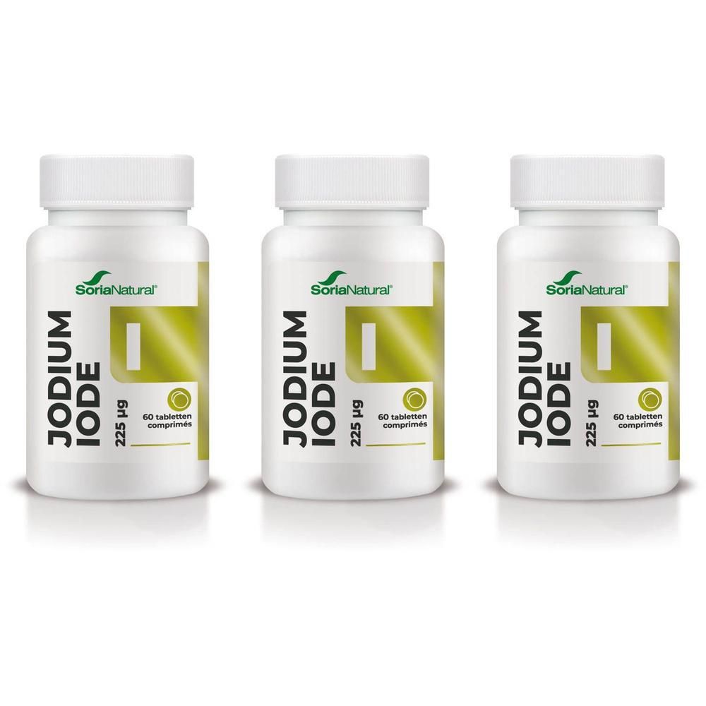 Trois flacons de Soria Natural Jodure 225 mcg. Flacons blancs avec étiquettes indiquant Jodure 225 mcg et 60 comprimés.