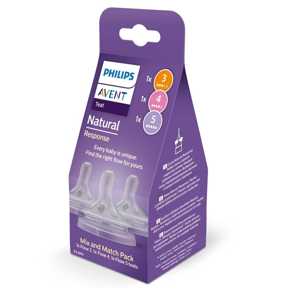 Philips Avent Natural Response Mix and Match Pack met 3 spenen (Flow 3, 4, 5).