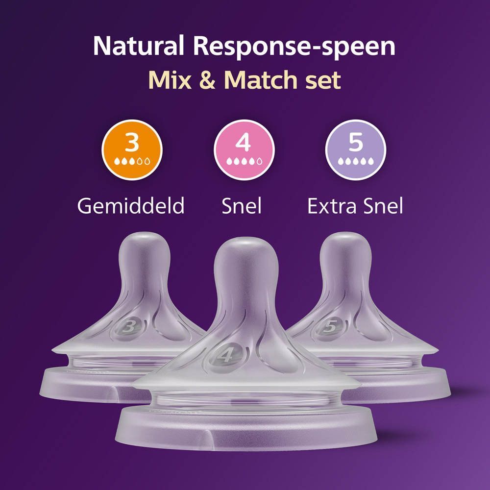 Philips Avent Natural Response spenen: 1x gemiddeld, 1x snel, 1x extra snel.