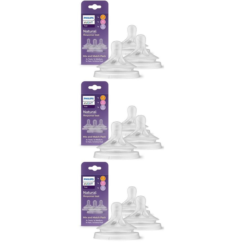 Trois tétines Philips Avent Natural Response dans un emballage.