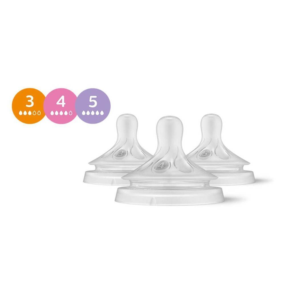 Trois tétines Philips Avent Natural Response (Débit 3, 4, 5) côte à côte.