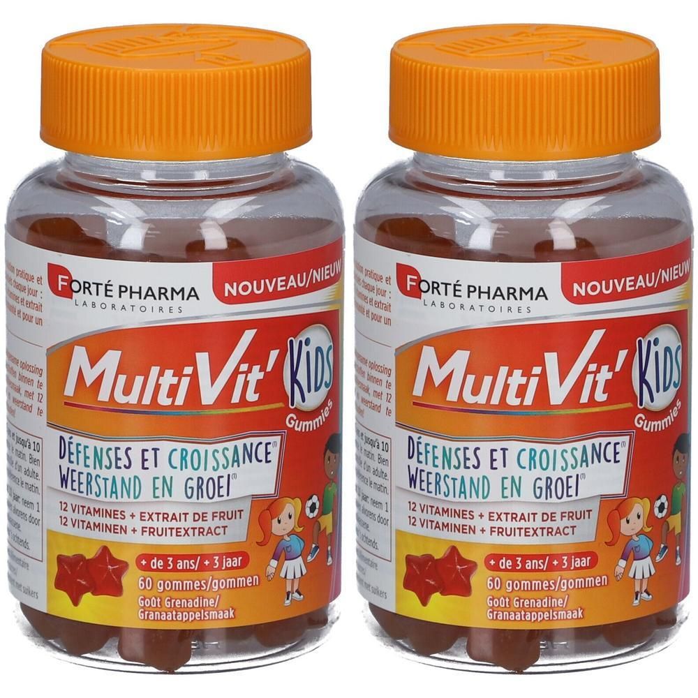 Deux flacons de Forté Pharma Multivit Kids Gummies avec bouchons orange. Étiquette avec "MultiVit' Kids" et illustrations enfantines.