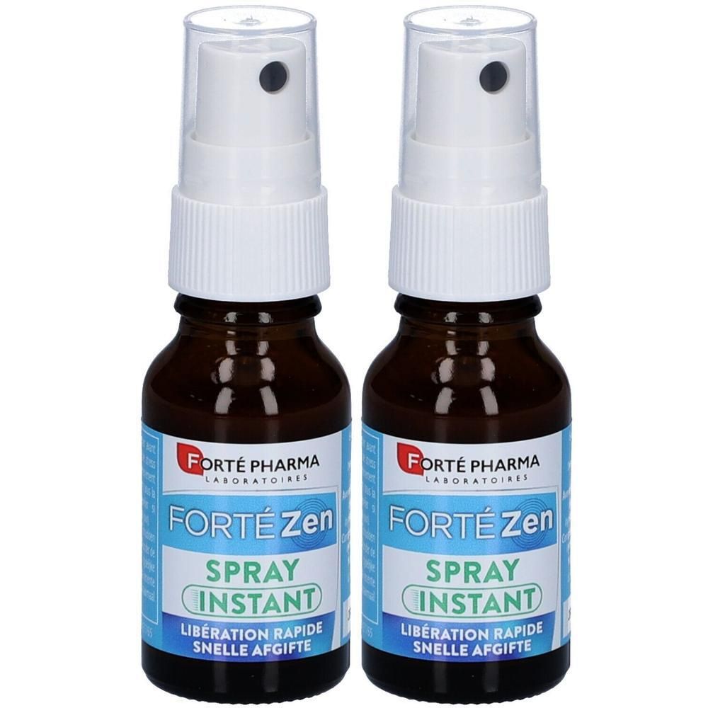 Twee bruine sprayflacons met witte dop en transparante sproeikop. Etiket "FORTÉ Zen SPRAY INSTANT".