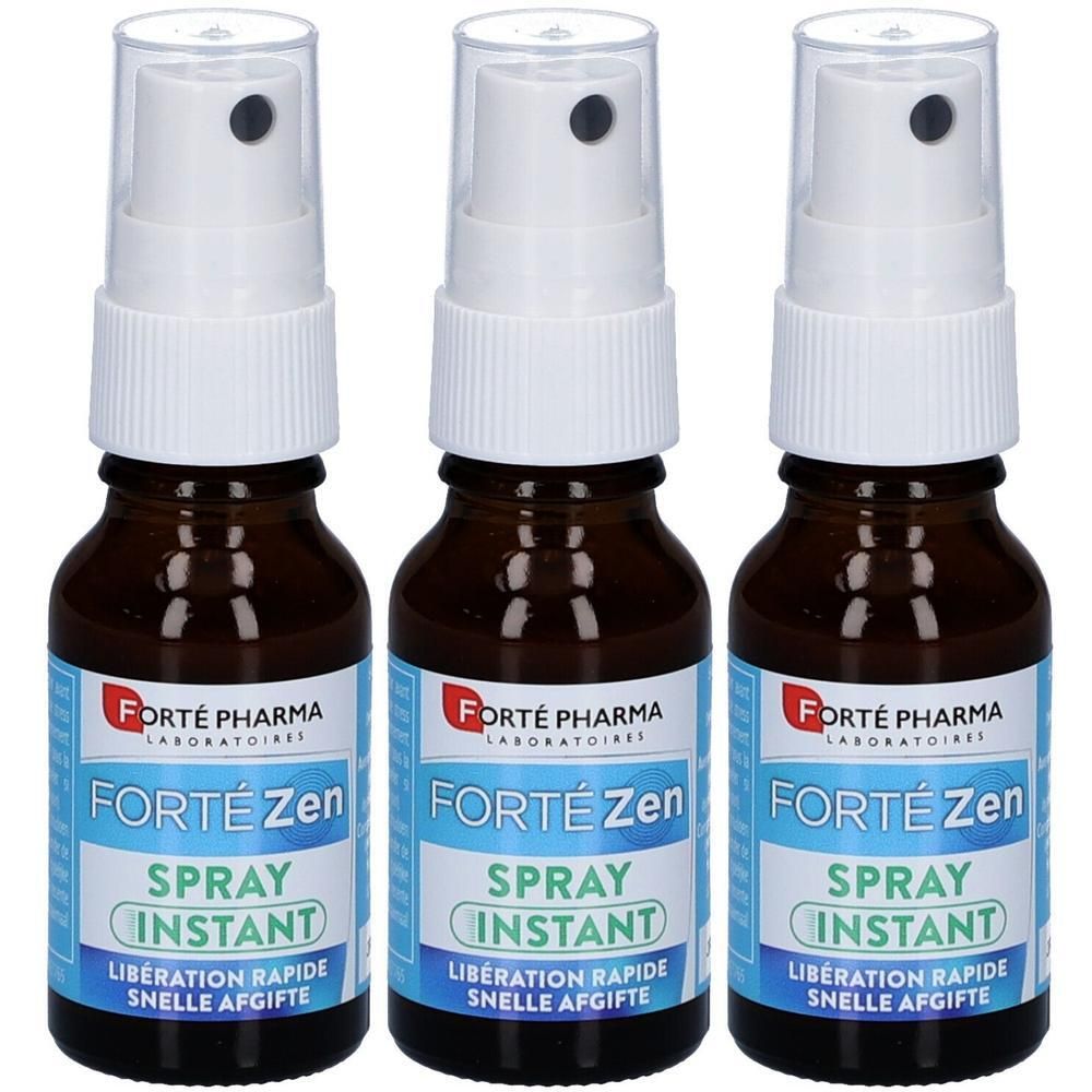 Drie bruine glazen flesjes met spraydop en witte dop. Etiket met "FORTÉ Zen SPRAY INSTANT" en "LIBÉRATION RAPIDE SNELLE AFGIFTE".