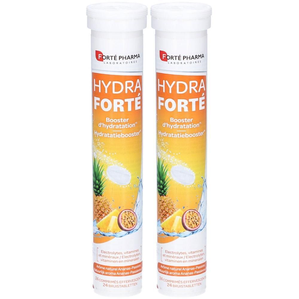 Deux tubes Forté Pharma Hydra Forté Booster d'hydratation goût Ananas-Passion.