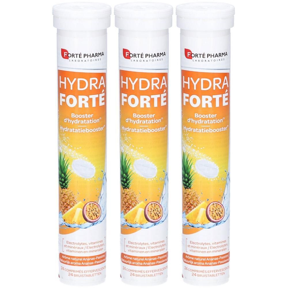Trois tubes Forté Pharma Hydra Forté goût Ananas-Passion. Comprimés effervescents pour l'hydratation.