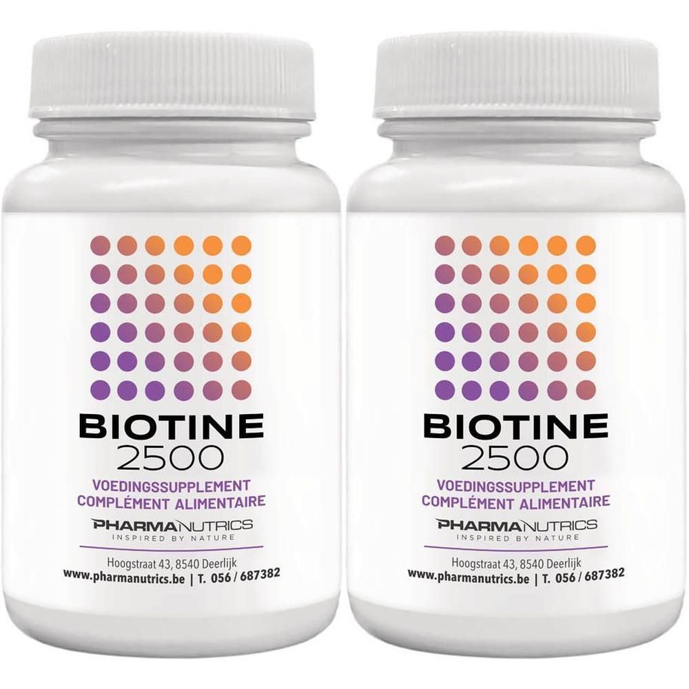 Deux flacons blancs de Biotine 2500 Complément alimentaire de Pharmanutrics. Bouchons à vis blancs.