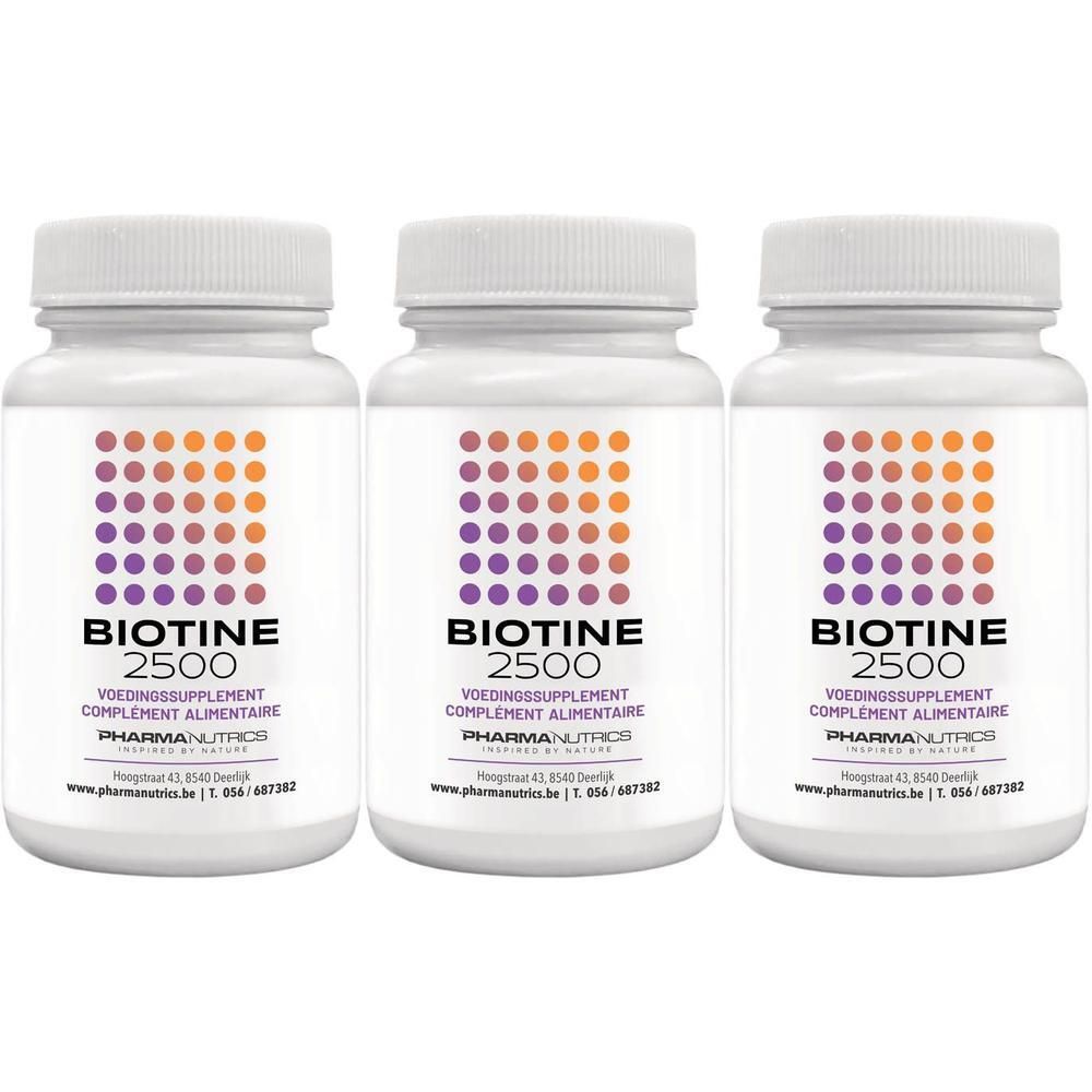 Trois flacons de Biotine 2500 complément alimentaire de Pharmanutrics.