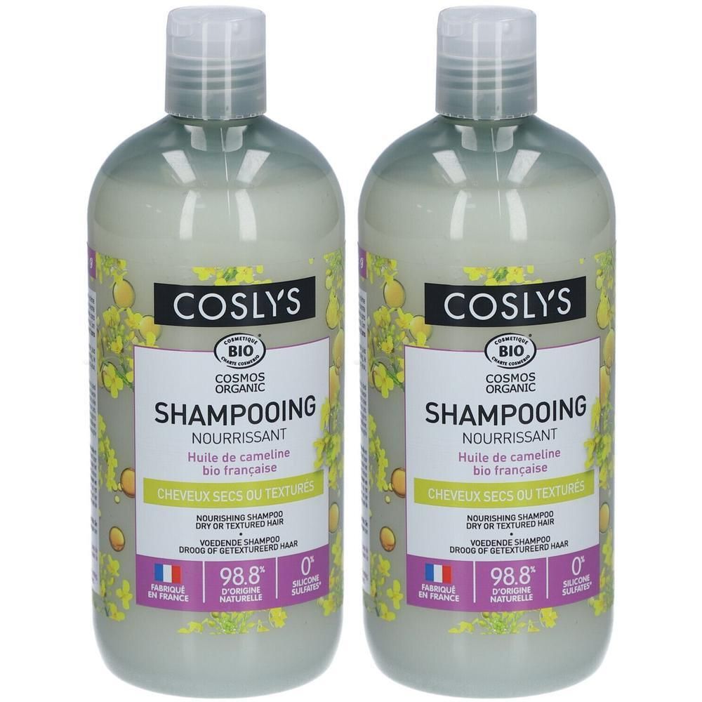Deux bouteilles de shampooing Coslys Nourrissant à l'huile de cameline pour cheveux secs. Certifié BIO COSMOS ORGANIC.