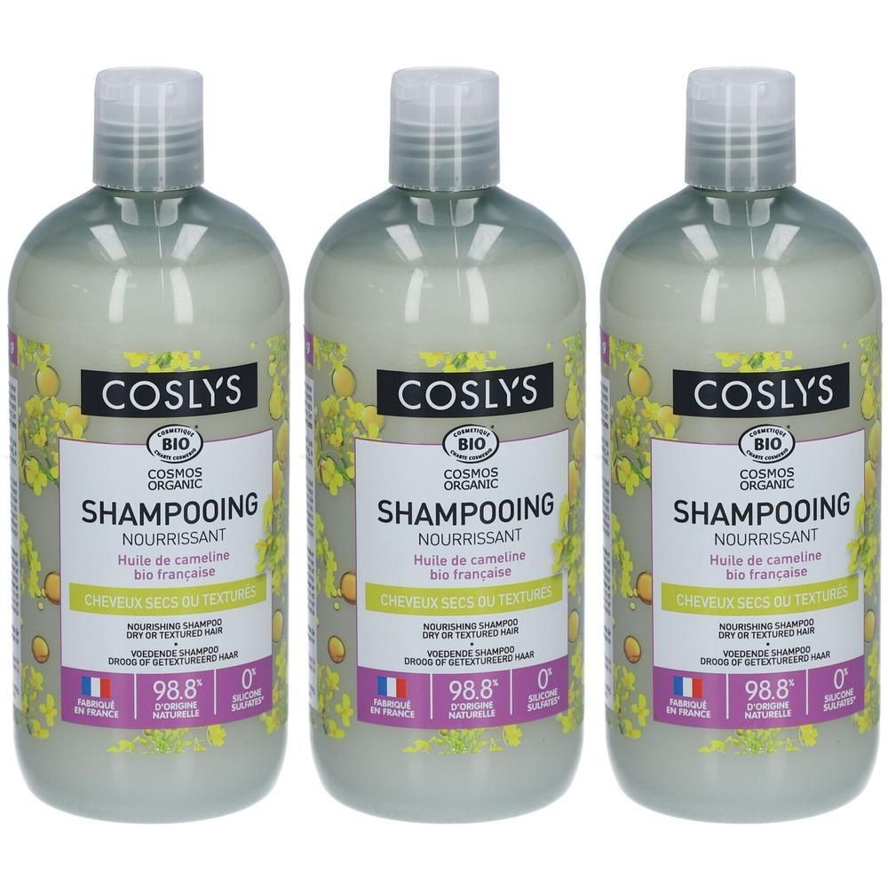 Trois bouteilles de Shampooing Nourrissant Coslys pour cheveux secs. Certifié BIO COSMOS ORGANIC.