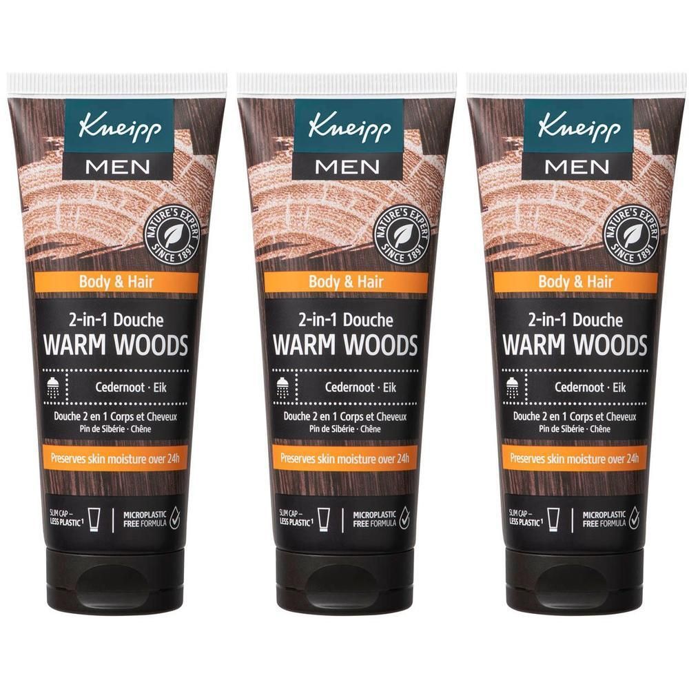 Trois tubes de gel douche et shampoing 2-en-1 Kneipp pour hommes, parfum "Warm Woods".