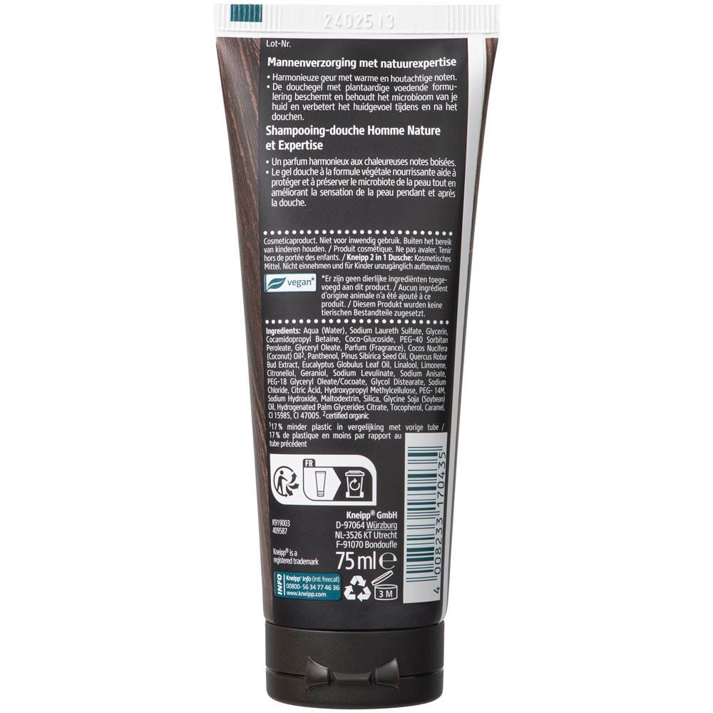 Achterkant van een tube Kneipp 2-in-1 Douchegel & Shampoo voor heren, 'Warm Woods' geur.
