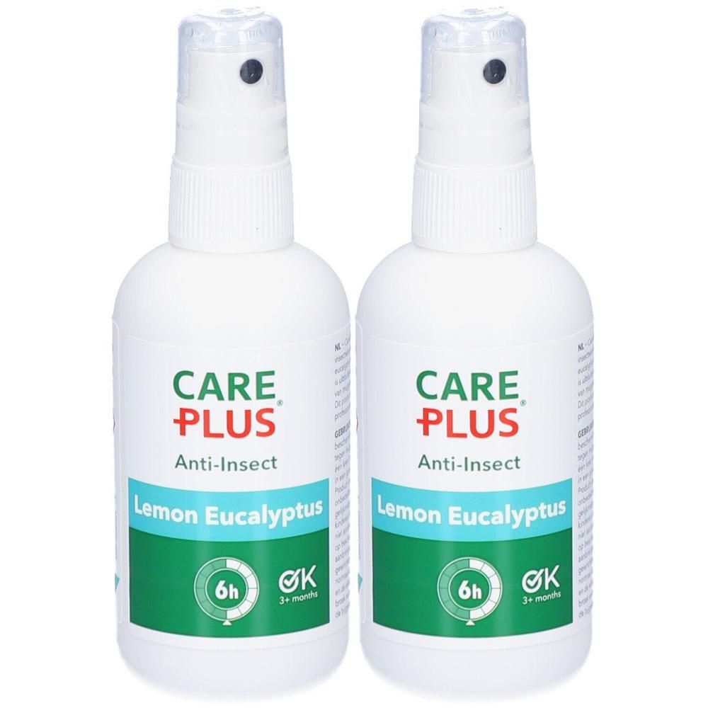 Deux flacons de spray anti-insectes Care Plus Lemon Eucalyptus avec tête de pulvérisation.