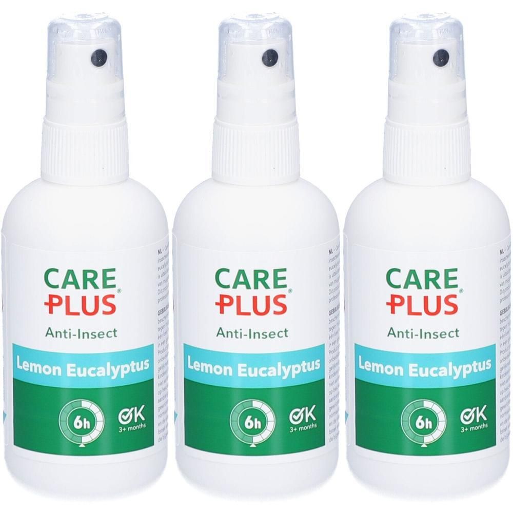 Drie flessen Care Plus Anti-Insect Lemon Eucalyptus met spuitkop.