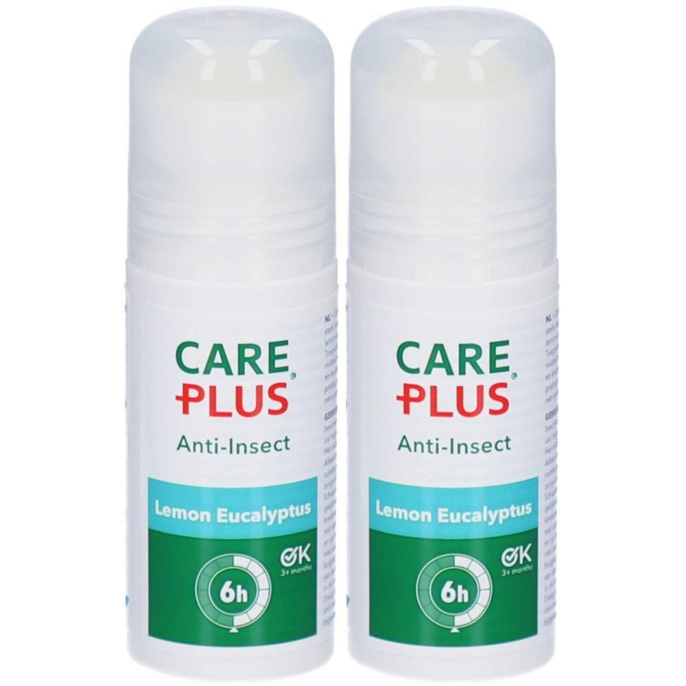 Twee flacons Care Plus Anti-Insect Roll-On Lemon Eucalyptus met 6 uur bescherming.