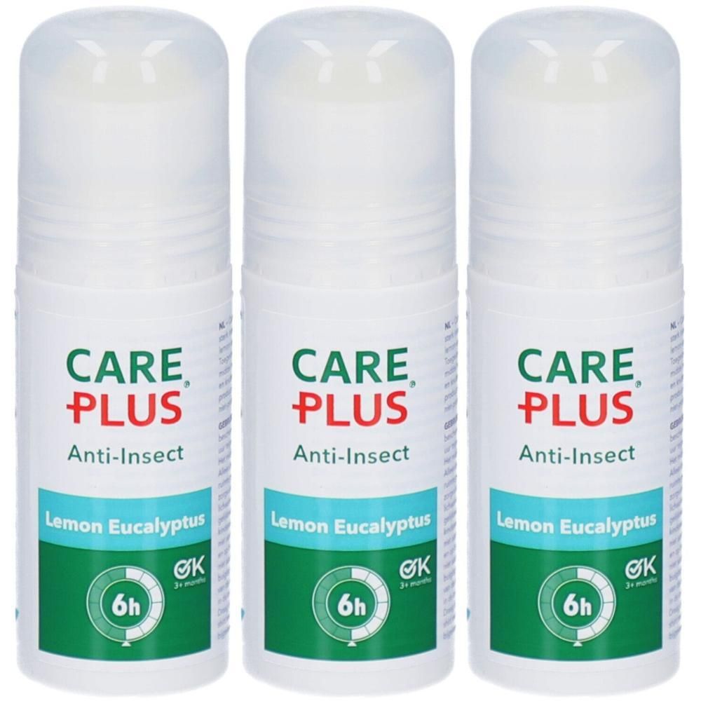 Drie flacons Care Plus Anti-Insect Roll-On Lemon Eucalyptus, met 6 uur bescherming.