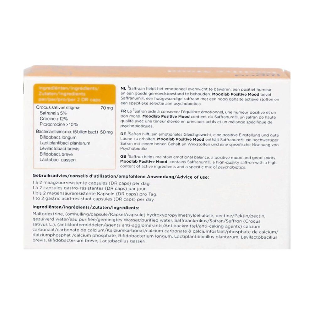 Achterkant van een verpakking Mood Lab Positive Mood met ingrediëntenlijst en gebruiksinstructies.