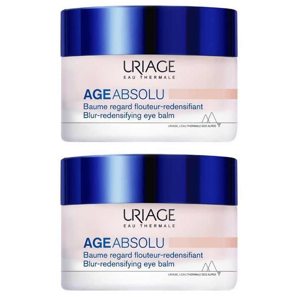 Twee potjes Uriage Age Absolu oogbalsem met blauwe dopjes.