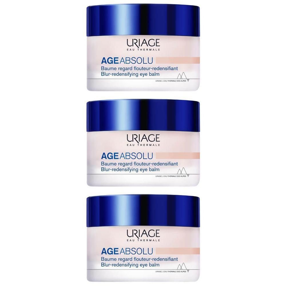 Drie potjes Uriage Age Absolu oogbalsem met blauwe dopjes.