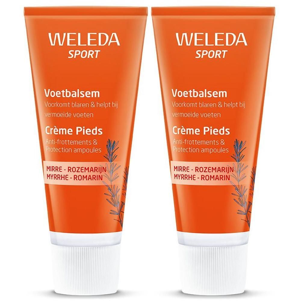 Deux tubes de Baume pour les pieds Weleda Sport orange avec bouchon blanc. Illustration d'herbes en bas.