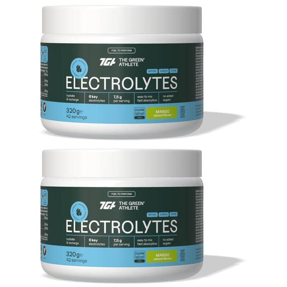 Twee potten "The Green Athlete Electrolytes" mango smaak. 320g per pot.