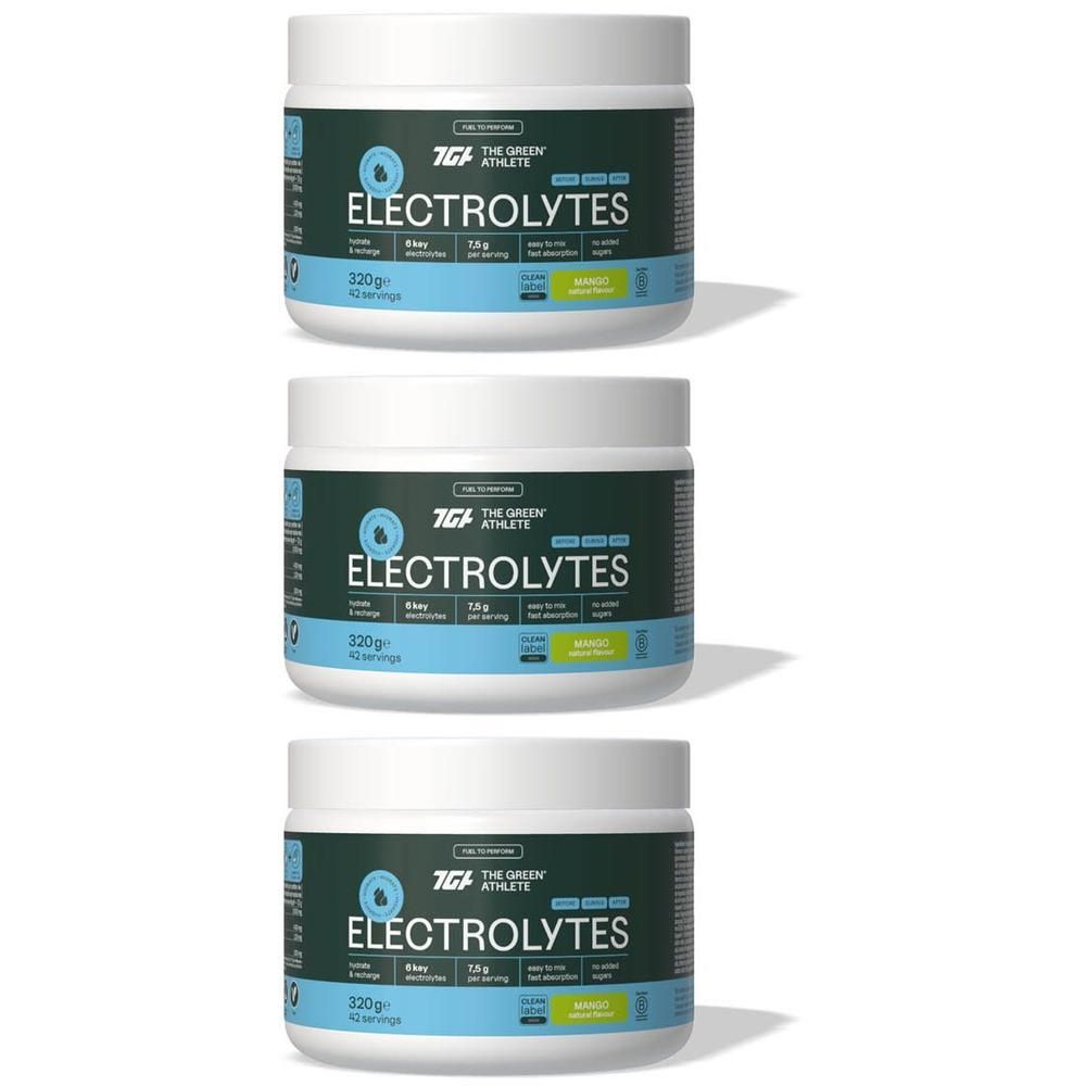 Trois contenants d'électrolytes "The Green Athlete" saveur mangue. 320g par contenant.