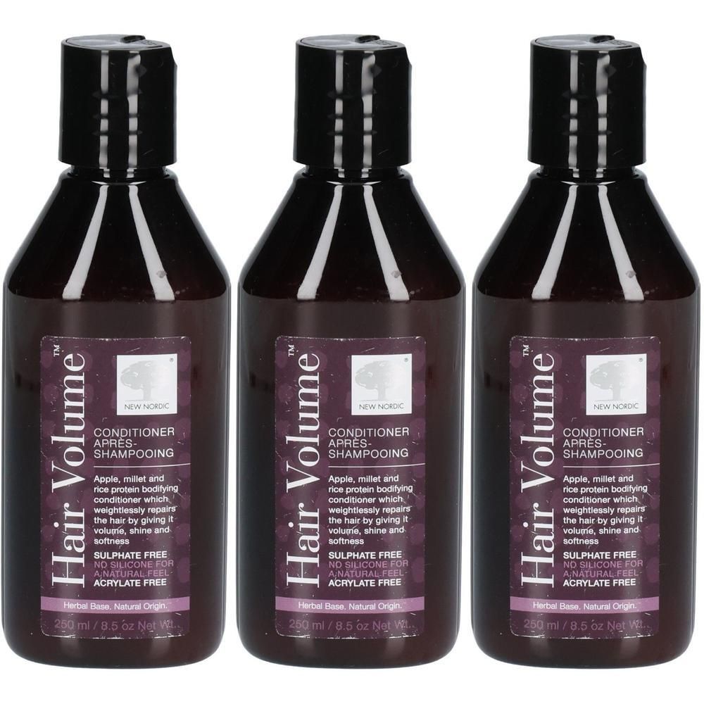 Trois bouteilles de New Nordic Hair Volume Après-Shampooing.
