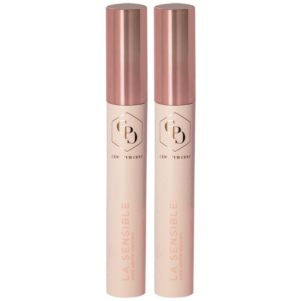 Twee roze mascaraflacons met gouden doppen en etiketten.