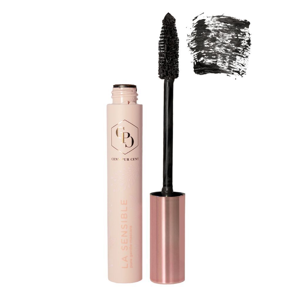 Mascara Cent Pur Cent La Sensible rose avec manche doré et brosse noire.