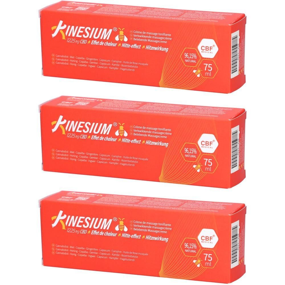 Drie verpakkingen Kinesium massagecrème met verwarmend effect, 75 ml.