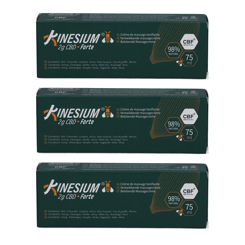 Drie verpakkingen Kinesium 2g CBD-Forte massagecrème, 75ml.