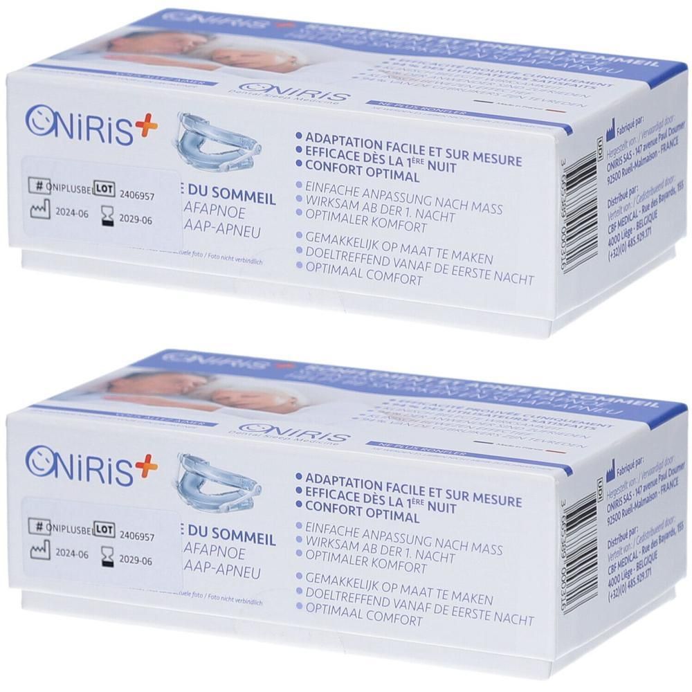 Oniris+ anti-snurkbeugel, verstelbaar. Kartonnen doos met productafbeelding.
