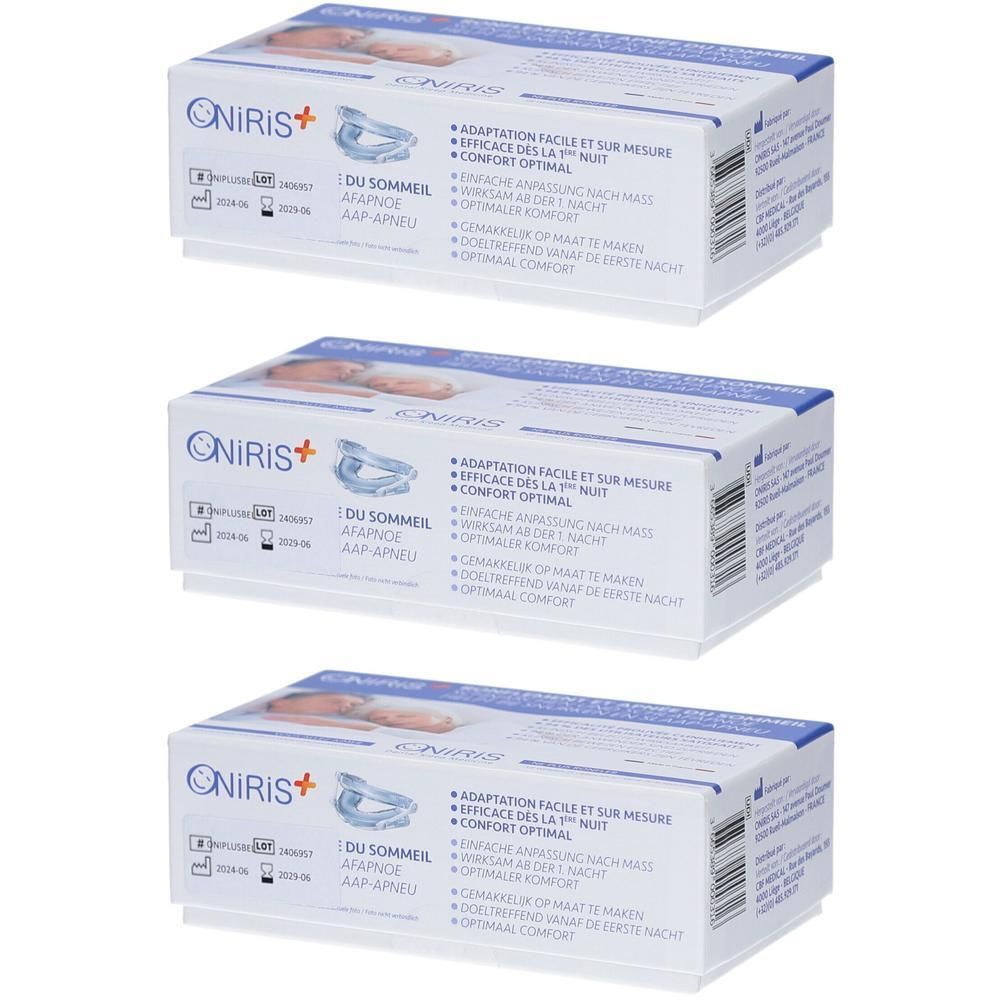 Trois boîtes d'orthèse anti-ronflement Oniris+. Boîtes blanches avec illustration du produit et texte.