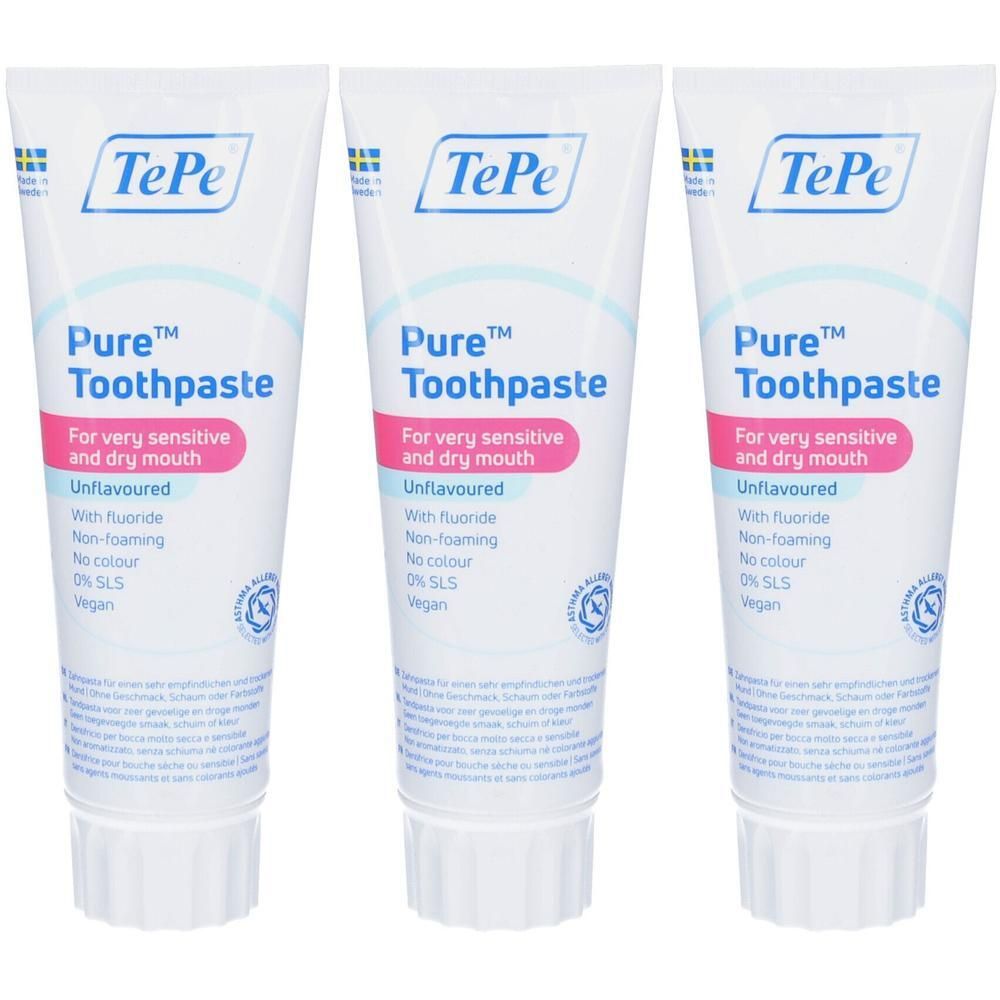Trois tubes de dentifrice TePe Pure pour bouche sensible et sèche. Sans arôme, sans colorant, vegan.