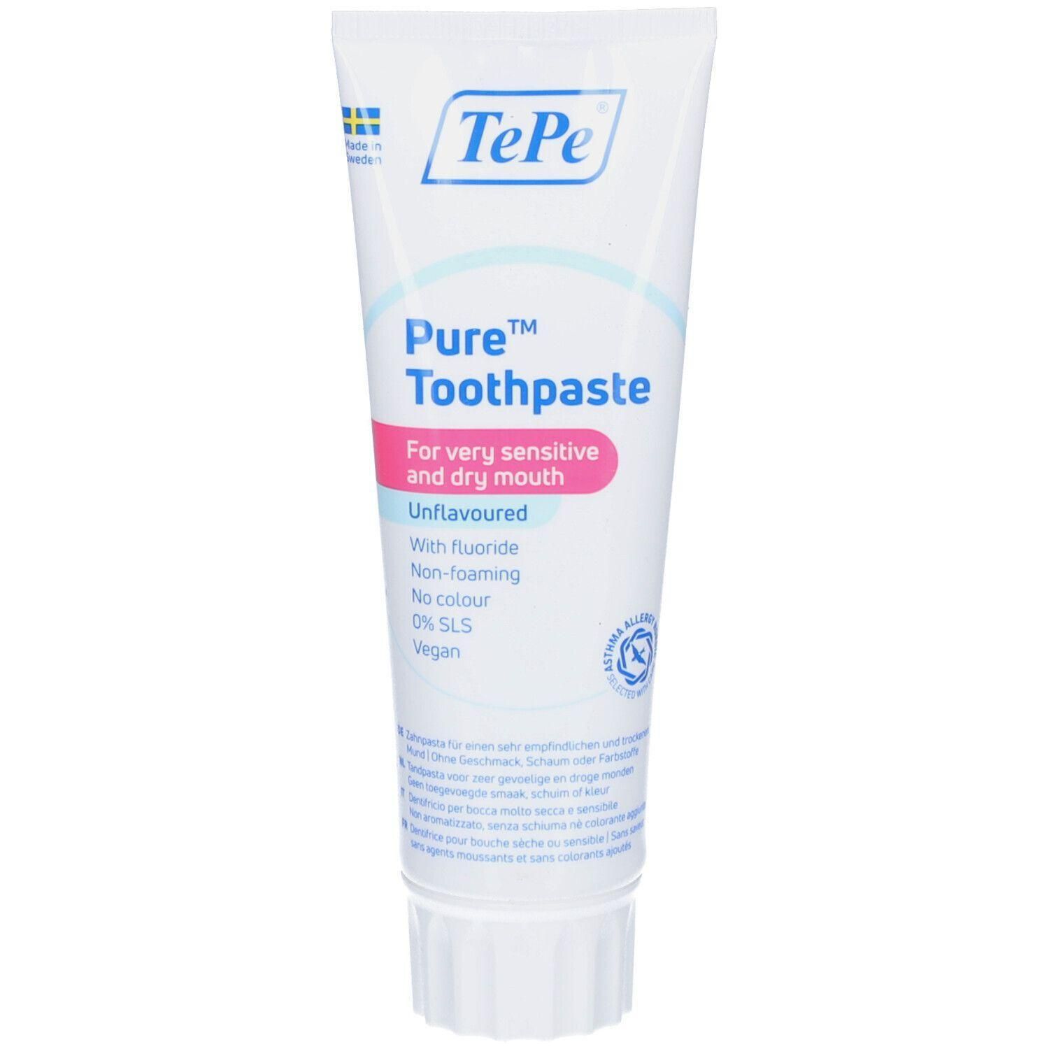 Tube de dentifrice TePe Pure : Pour bouche très sensible et sèche, sans arôme, avec fluorure, non moussant, sans colorant, 0% SLS, vegan.
