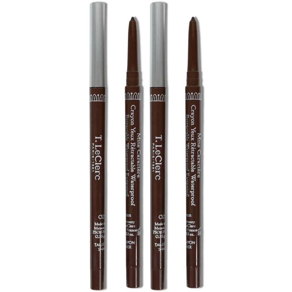 Quatre crayons yeux waterproof rétractables T. LeClerc, teinte Brun. Capuchons argentés, corps marron avec inscriptions.