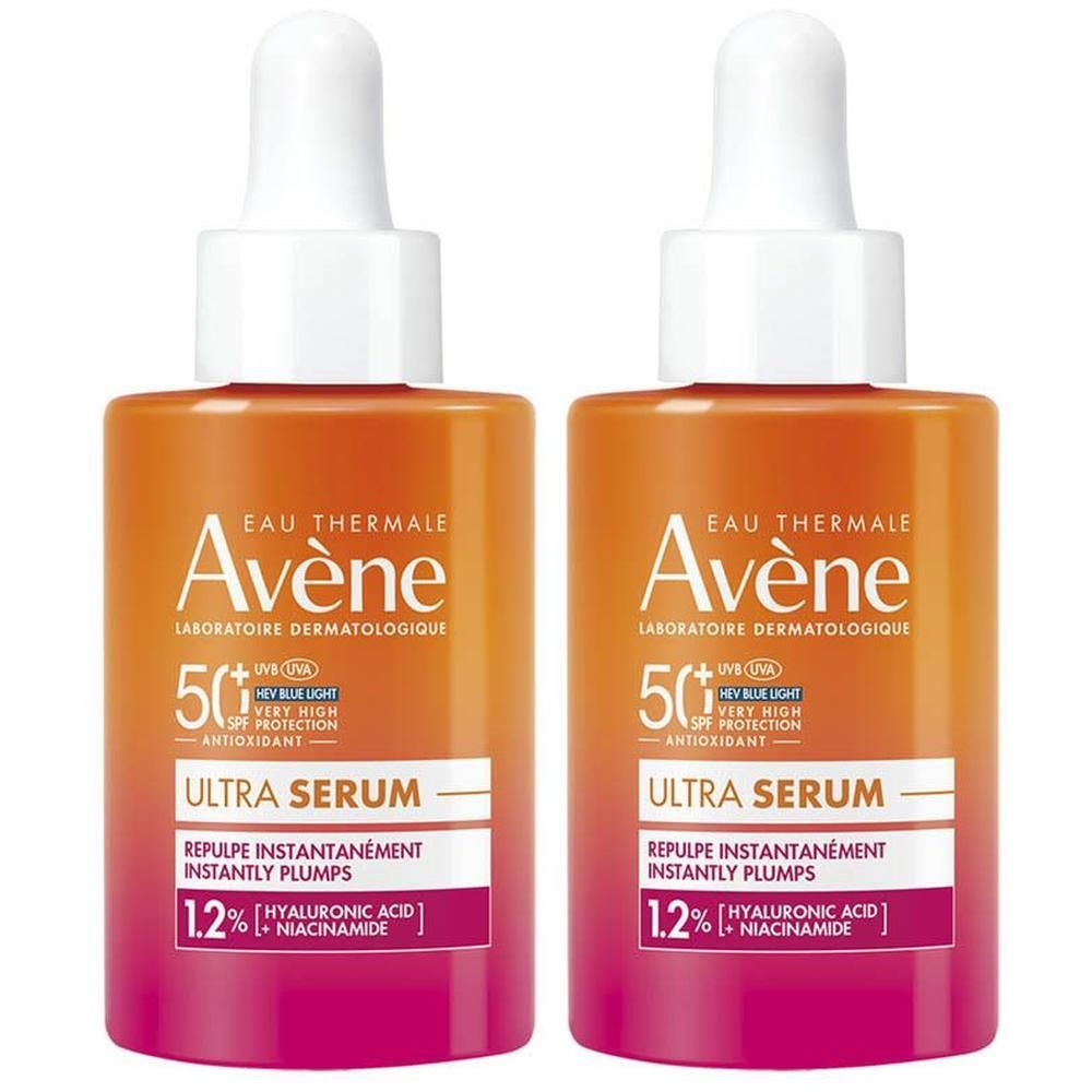 Deux flacons Avène Ultra Sérum SPF50+ avec compte-gouttes.