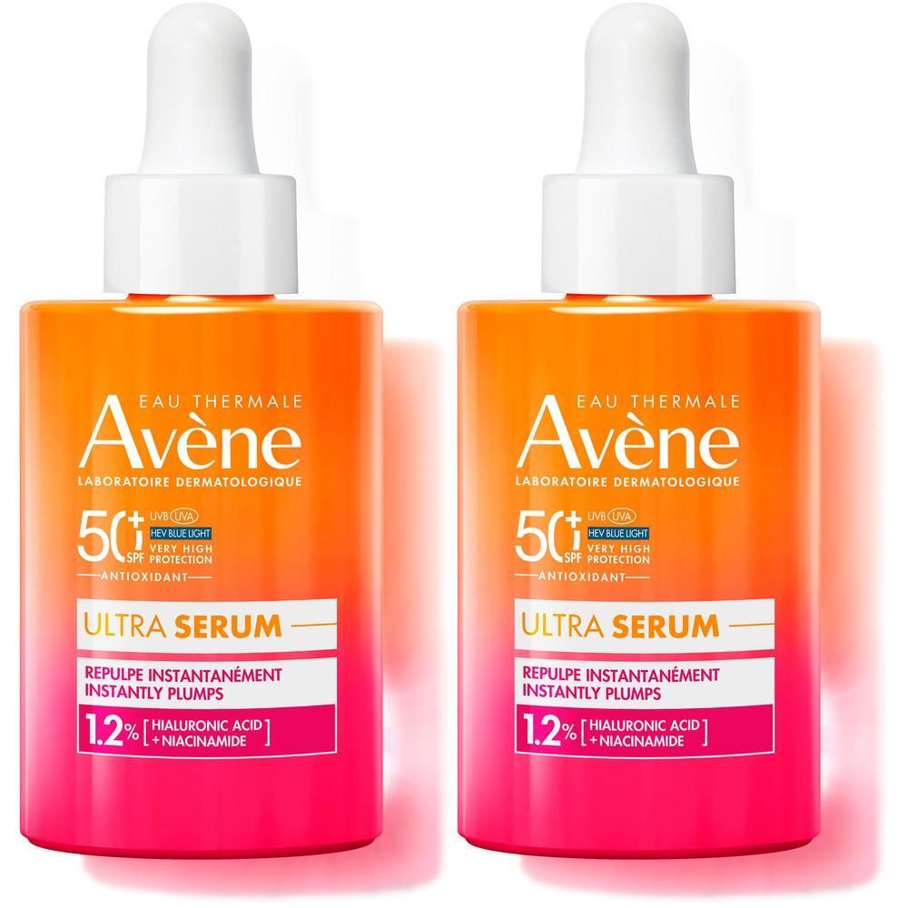 Twee flacons Avène Ultra Serum SPF50+ met druppelaar.