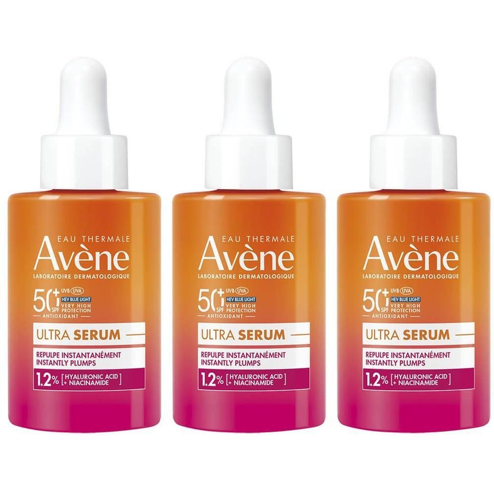 Trois flacons d'Avène Ultra Sérum SPF50+ avec compte-gouttes, dégradé orange-rose.
