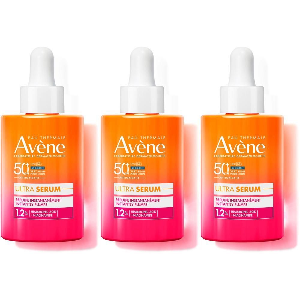 Drie flacons Avène Ultra Serum SPF50+ met druppelaar, oranje-roze kleurverloop.
