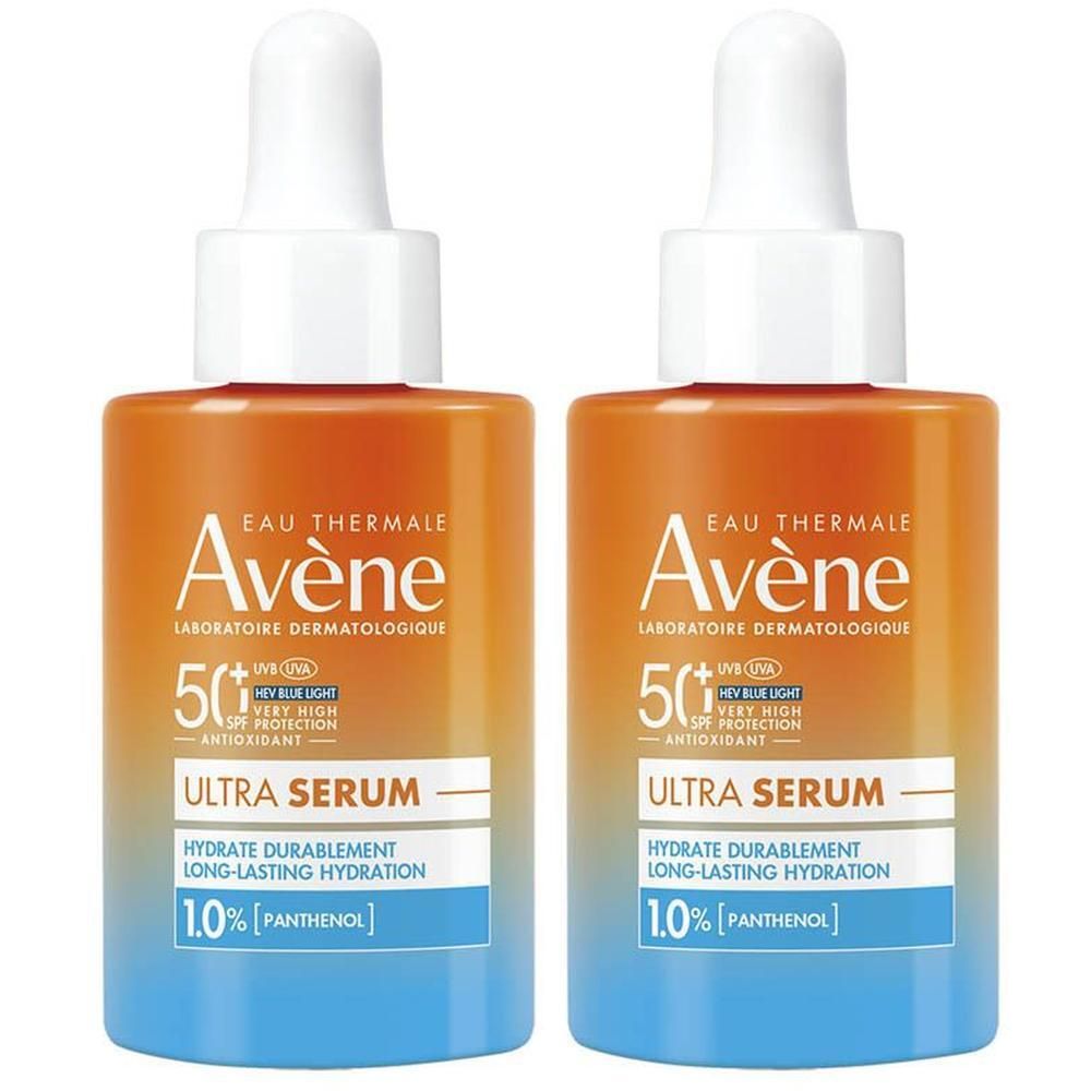 Deux flacons de sérum Avène Ultra SPF50+ avec compte-gouttes.