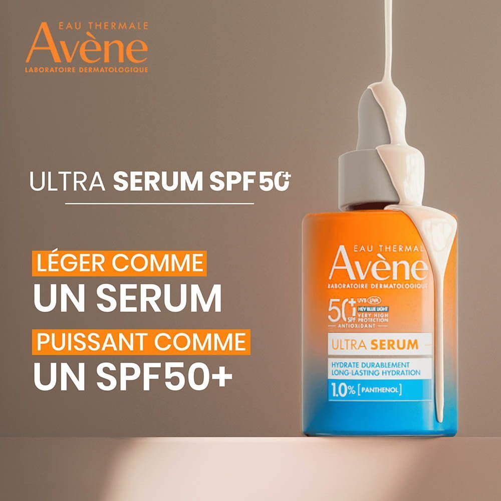 Sérum Avène Ultra SPF50+ avec texte "Léger comme un sérum, puissant comme un SPF50+".