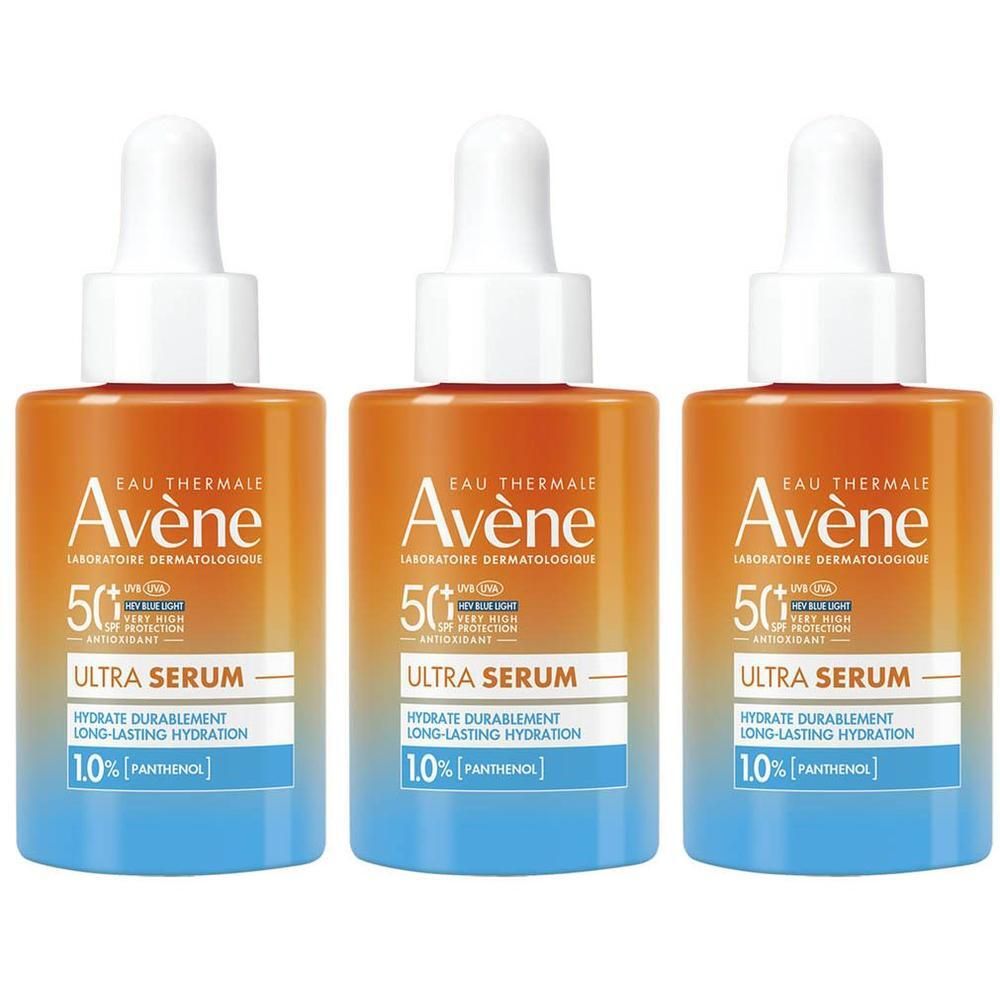 Drie flacons Avène Ultra Serum SPF50+ met druppeldop.