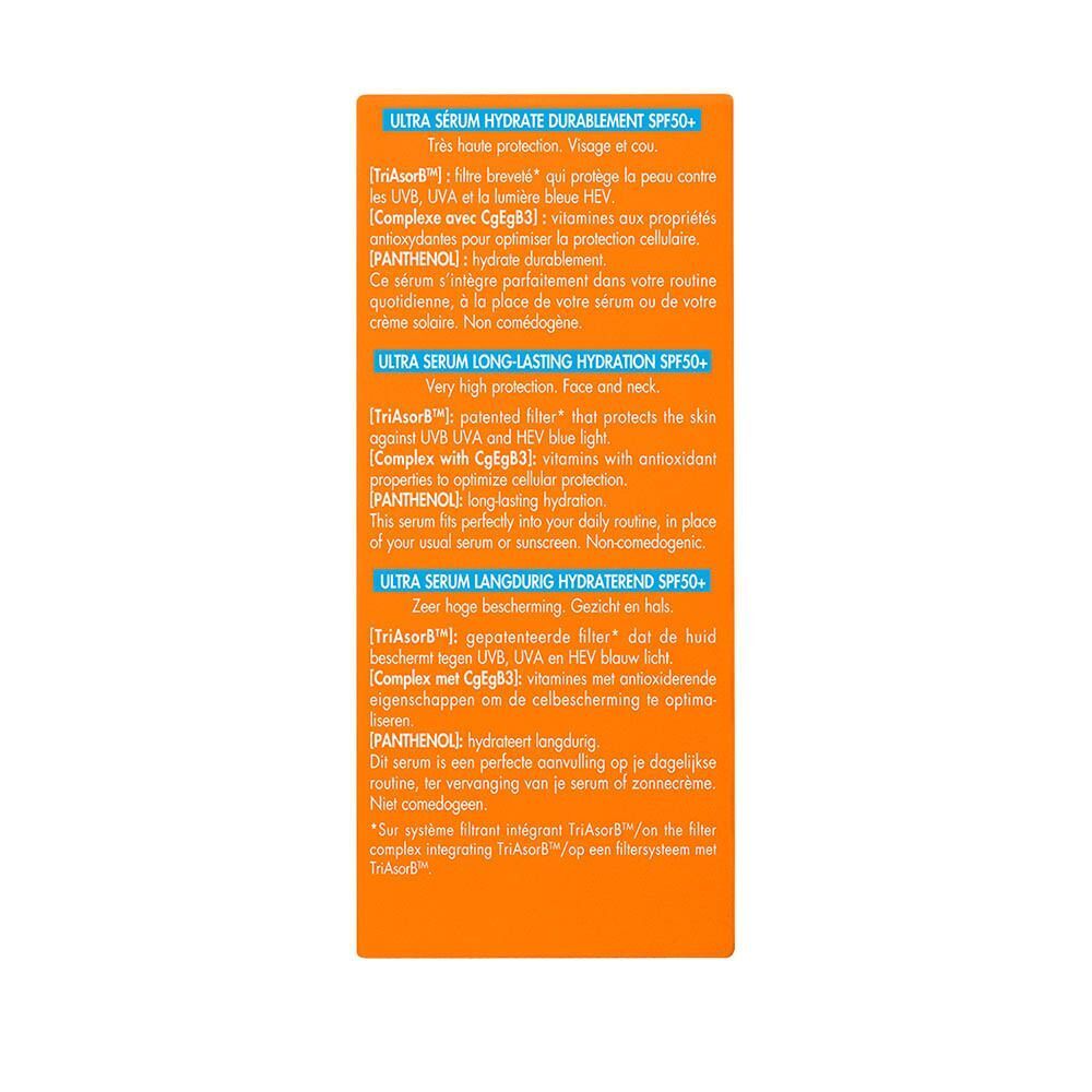 Achterkant van de Avène Ultra Serum SPF50+ verpakking met productinformatie.