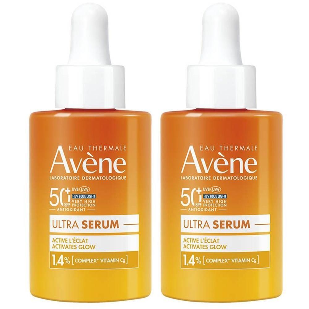Twee flacons Avène Ultra Serum SPF50+ met druppeldop.